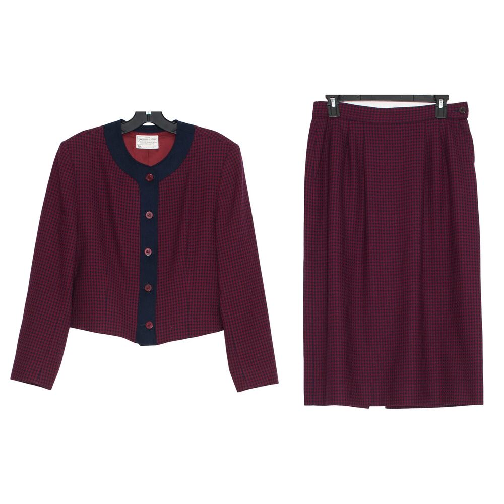 Pendleton Vintage 80s Wool 3 Pc Skirt Suit Set Houndstooth Maroon Navy Career 10